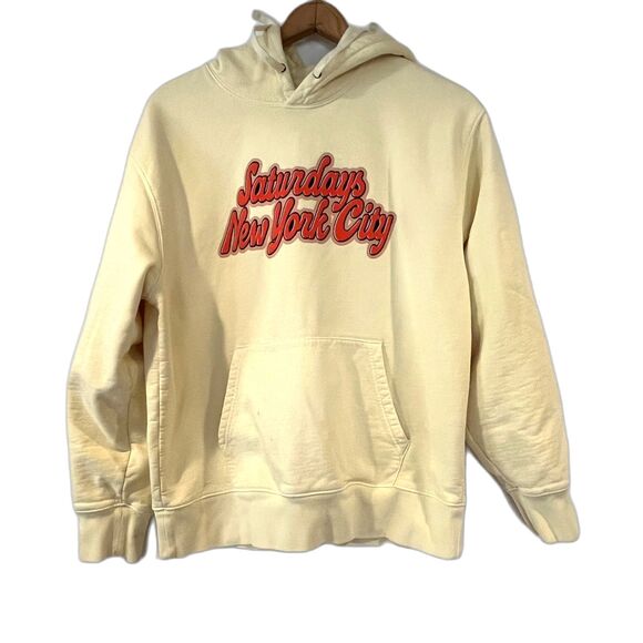 Saturdays New York City Light Yellow Beige Hoodie Sweatshirt Red Lettering - Picture 1 of 9